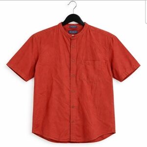 Savile Row Linen Blend Orange Mandarin Collar Mens Button Down Sz M